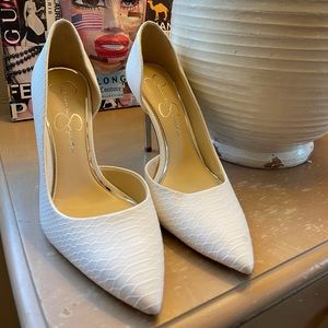 Jessica Simpson White Snakeskin Pumps with Gold Heels